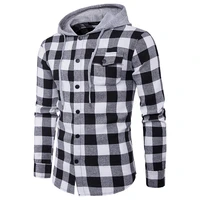 mens shirts checked print hooded long sleeve slim fit casual business tops mens clothing