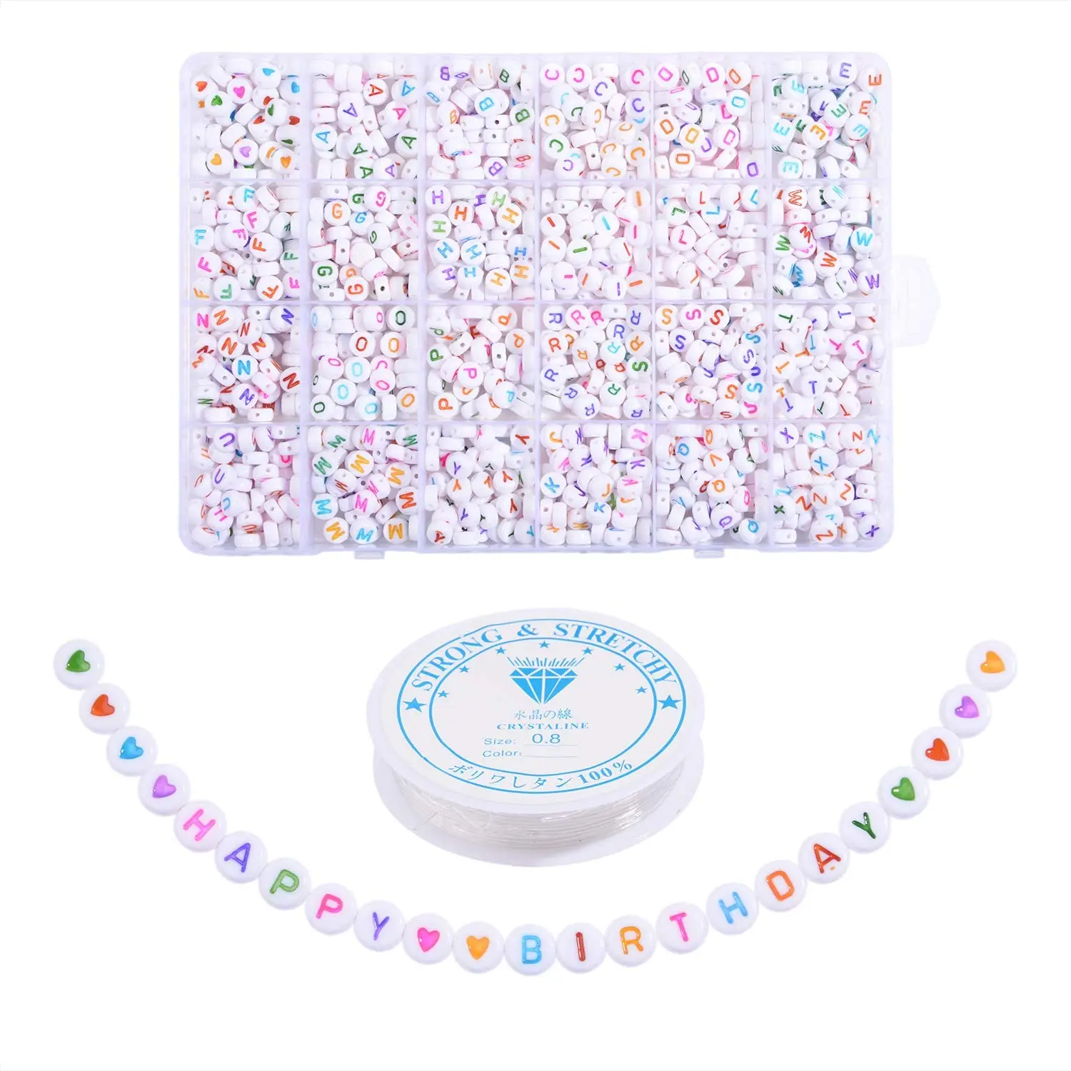 

1200 Pieces of 4x7mm White Round Acrylic Letter Beads A-Z Heart-shaped Pattern Beads and Crystal Thread for Jewelry Making