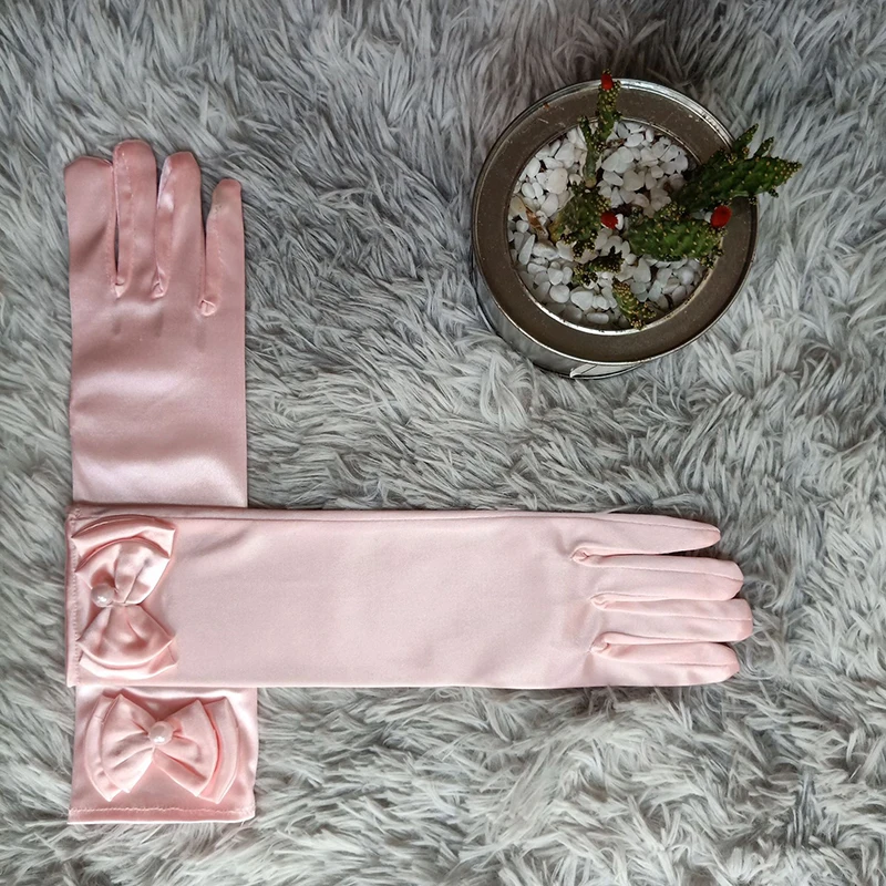 

Solid Color Princess Dance Stage Long Gloves Satin Double Layer Bow Pearl Kids Girls Dress Costume Accessories Children Gloves