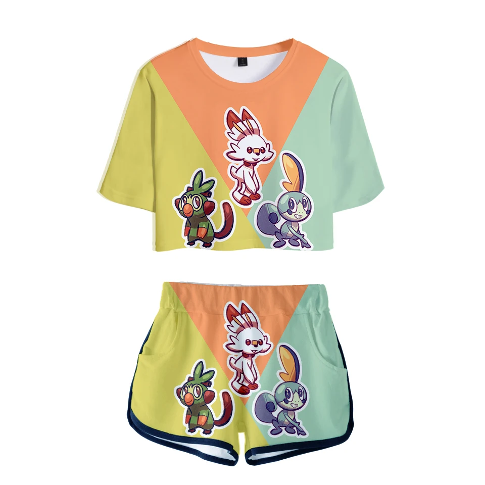 Женский комплект из двух предметов с 3D-принтом Pokemon Save and Shield летний укороченный