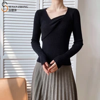 women sweater knitted tops slim long sleeve pullovers 2021 spring irregular neck criss cross front elegant korean fashion sexy