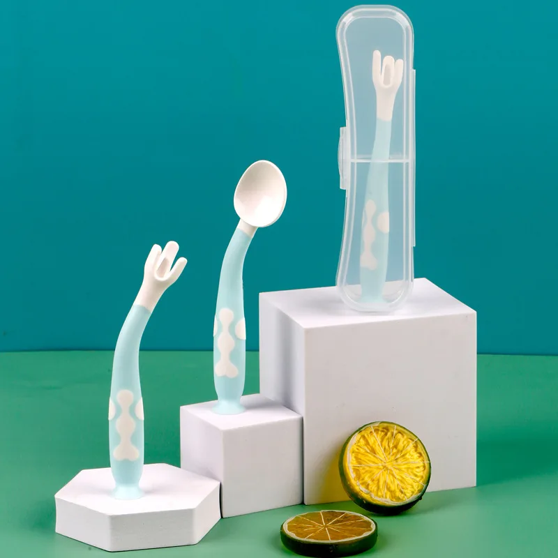 

BB 2Pcs Baby Utensils Set Auxiliary Food Silicone Spoon Fork Baby Learn To Eat Training Bendable Soft Spoon Children Tableware