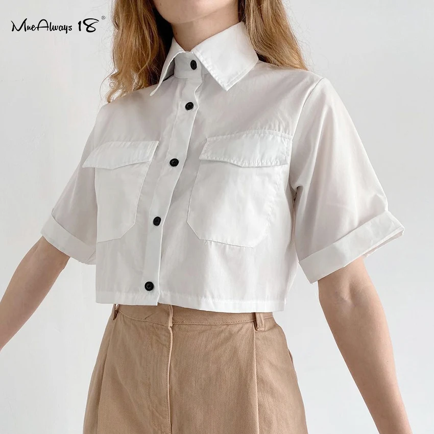 

Mnealways18 White Casual Summer Blouse Women Short Sleeve Shirts Pocket Turn Down Collar Cropped Tops Button Short Shirts 2021