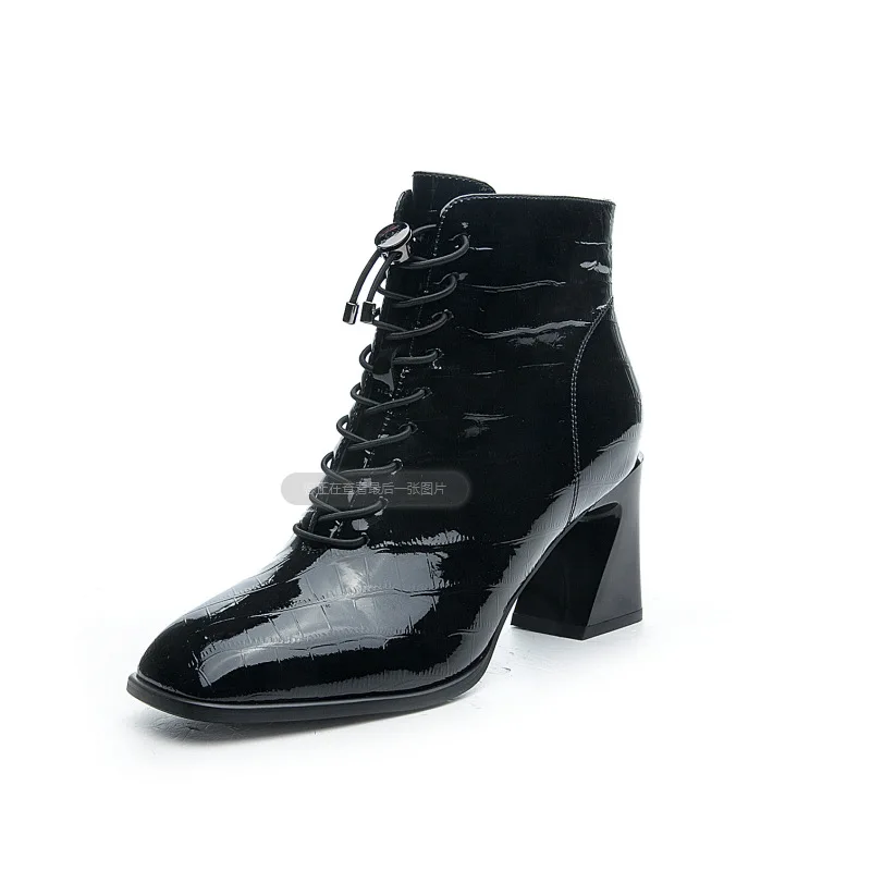 

Cowhide Women's Boots New Embossed Zipper Square Head Short Boots Horseshoe Heel Ankle Boots Women High Heel Boots