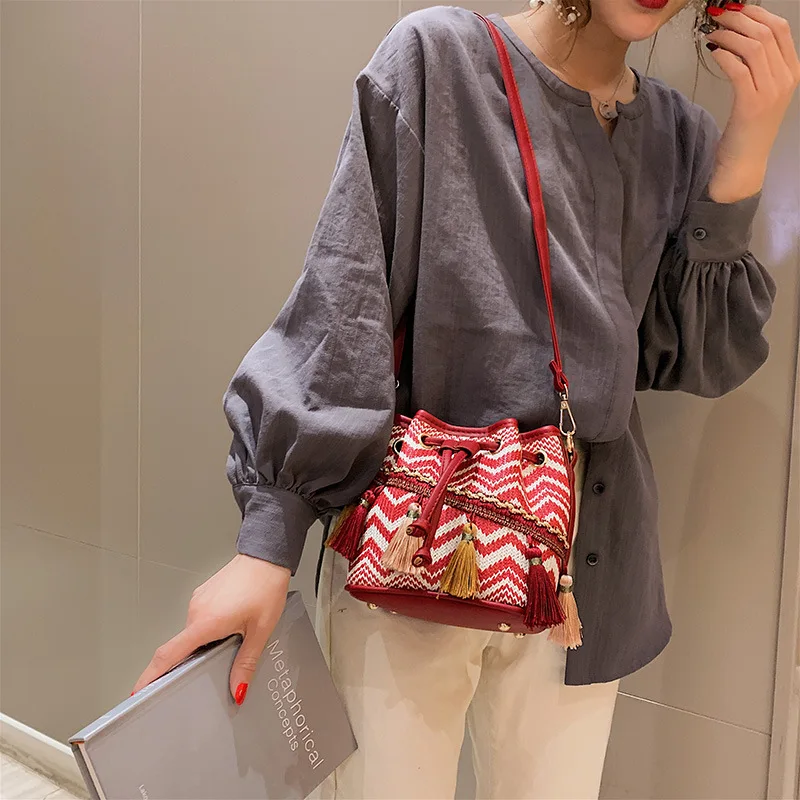 Женская сумка через плечо в китайском стиле плетеная Сумка-мешок ручной работы
