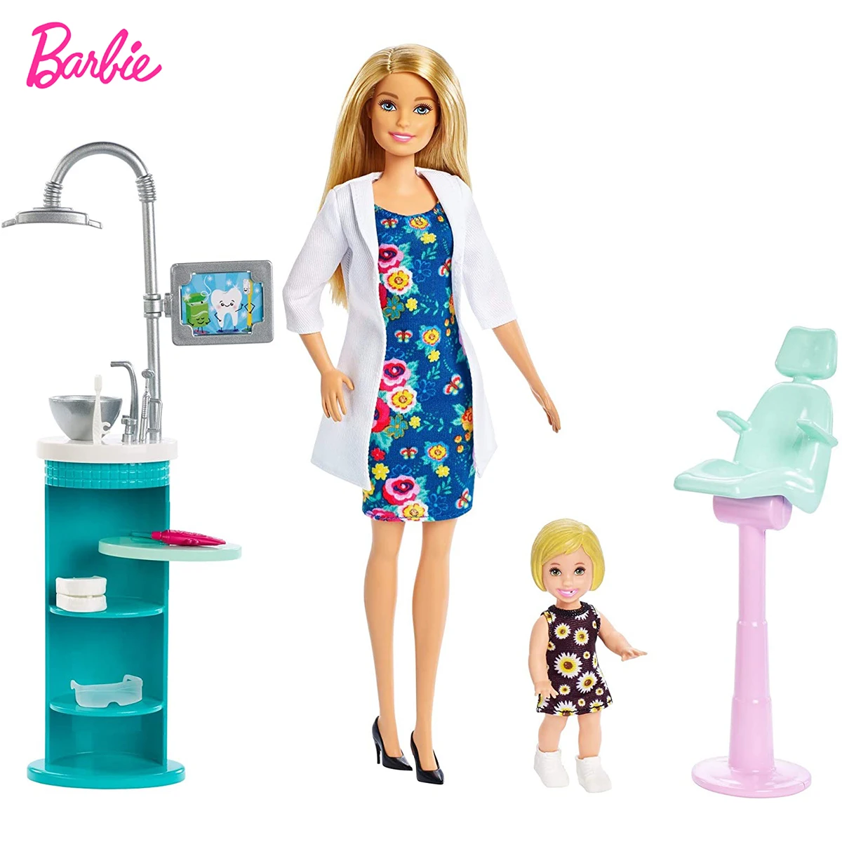 

Barbie Dentist Doll Blonde Playset with Blonde Patient Small Doll Sink Chair Career Themed Educational Toys for Kids Gift FXP16