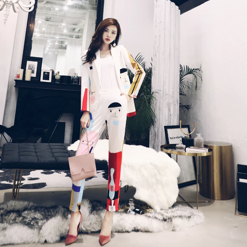 

Темпераментный женский костюм с винтажным принтом, осенняя облегающая женская куртка с длинным рукавом, Блейзер, модные повседневные брюки...