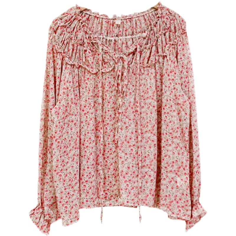 

Spring and Autumn New Chic Bubble Retro French Floral Western Style Chiffon Blouse Sweet Top Female Gentle Temperament