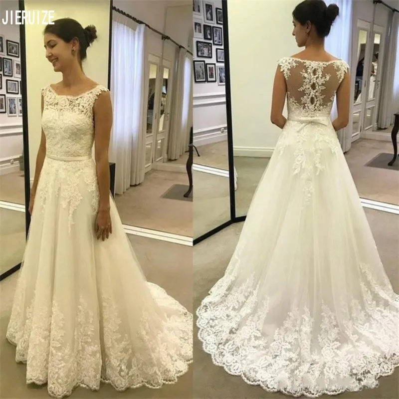 

JIERUIZE Vintage Scoop Neck Bridal Gowns Sleeveless Sheer Back Robe De Mariee Lace Appliques Wedding Dress