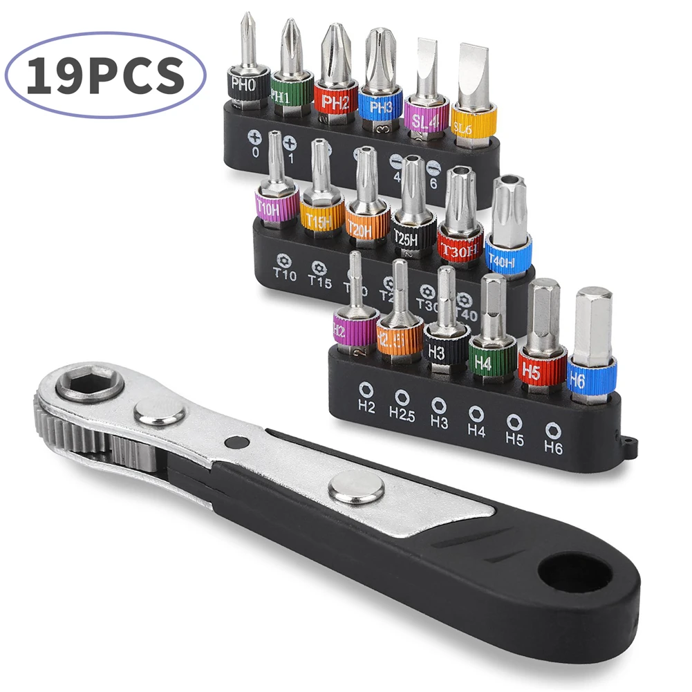 

19PCS Multifunction Ratchet Wrench Drive 1/4 Inch Hex Socket Wrench Hand Tool With Various Screwdriver Bits Ratchet Wrench Set