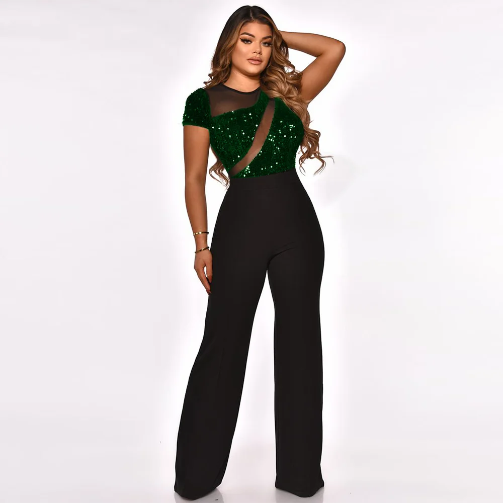 

Midnight Style Mesh Sequin Wide Leg Jumpsuit Women Short Sleeve See Through Bodycon Romper Elegant Female Party Clubwear Outfits