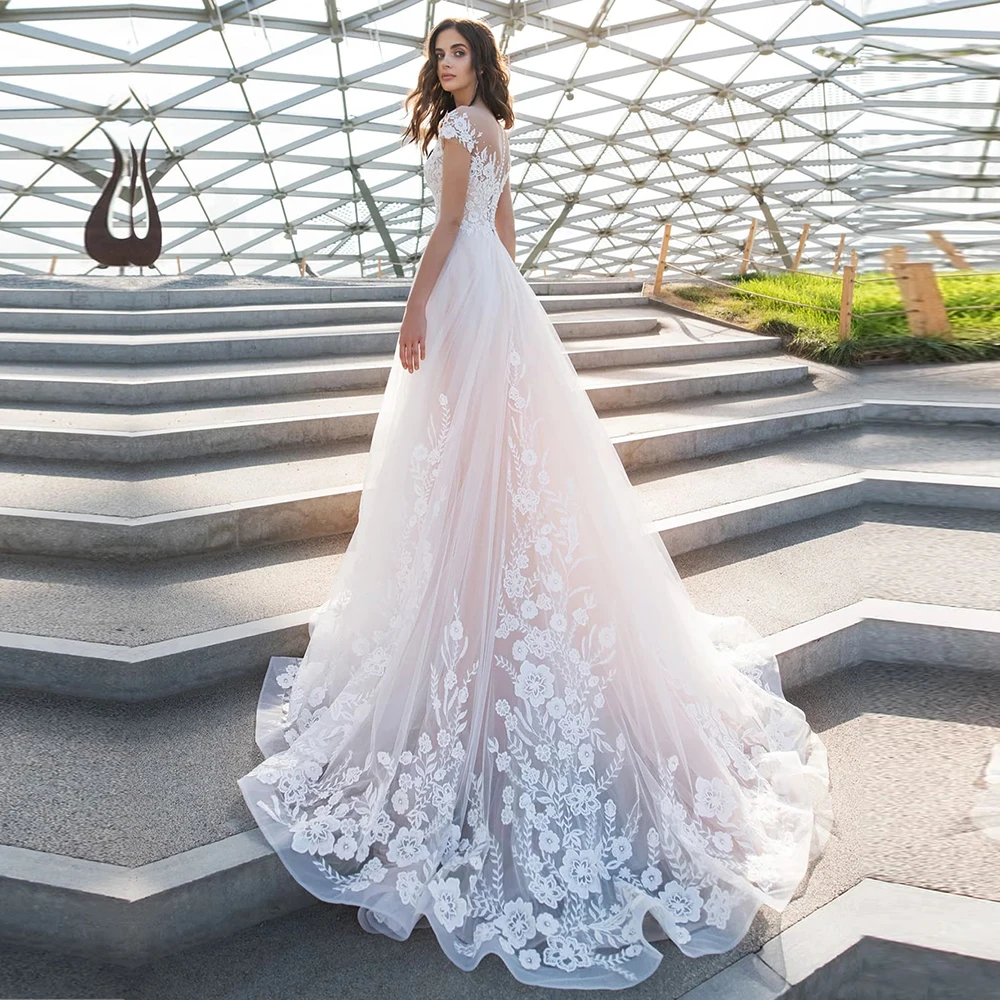 

Summer Lace A Line Appliques Bridal Gowns Short Sleeves Floor Length Ivory Wedding Dress Plus Size Bride Marriage Robe Longue