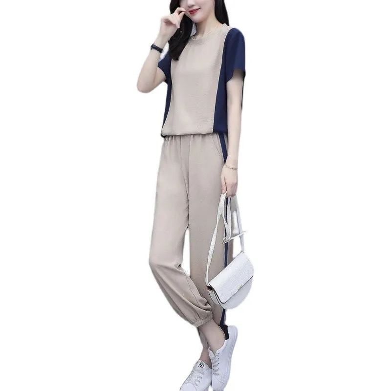 

Two Piece Set Women Summer Tracksuit Short Sleeve O-Neck Solid T-Shirt And Pants Leisure Chiffon Suits Fashion Casual Woman Sets