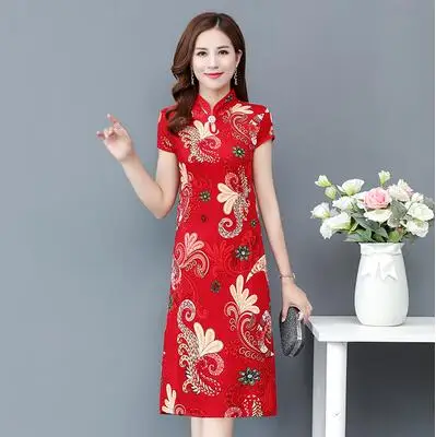 red Новинка Qipao три четверти женское летнее платье одежда цветочные Чонсам подарок Новогодняя традиционная китайская одежда - Цвет: red