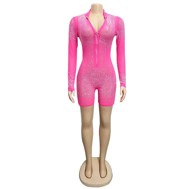 

2020 Women Long Sleeve Sequined Mesh See Through Bodysuit Jumpsuit Clubwear Deep V-neck Front Zipper Sparky Bodycon Slim Romper