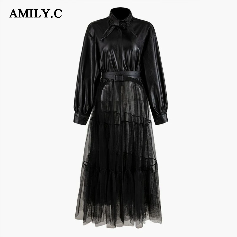 Платье Amily.C2020 женское из искусственной кожи модное пикантное Сетчатое лоскутное