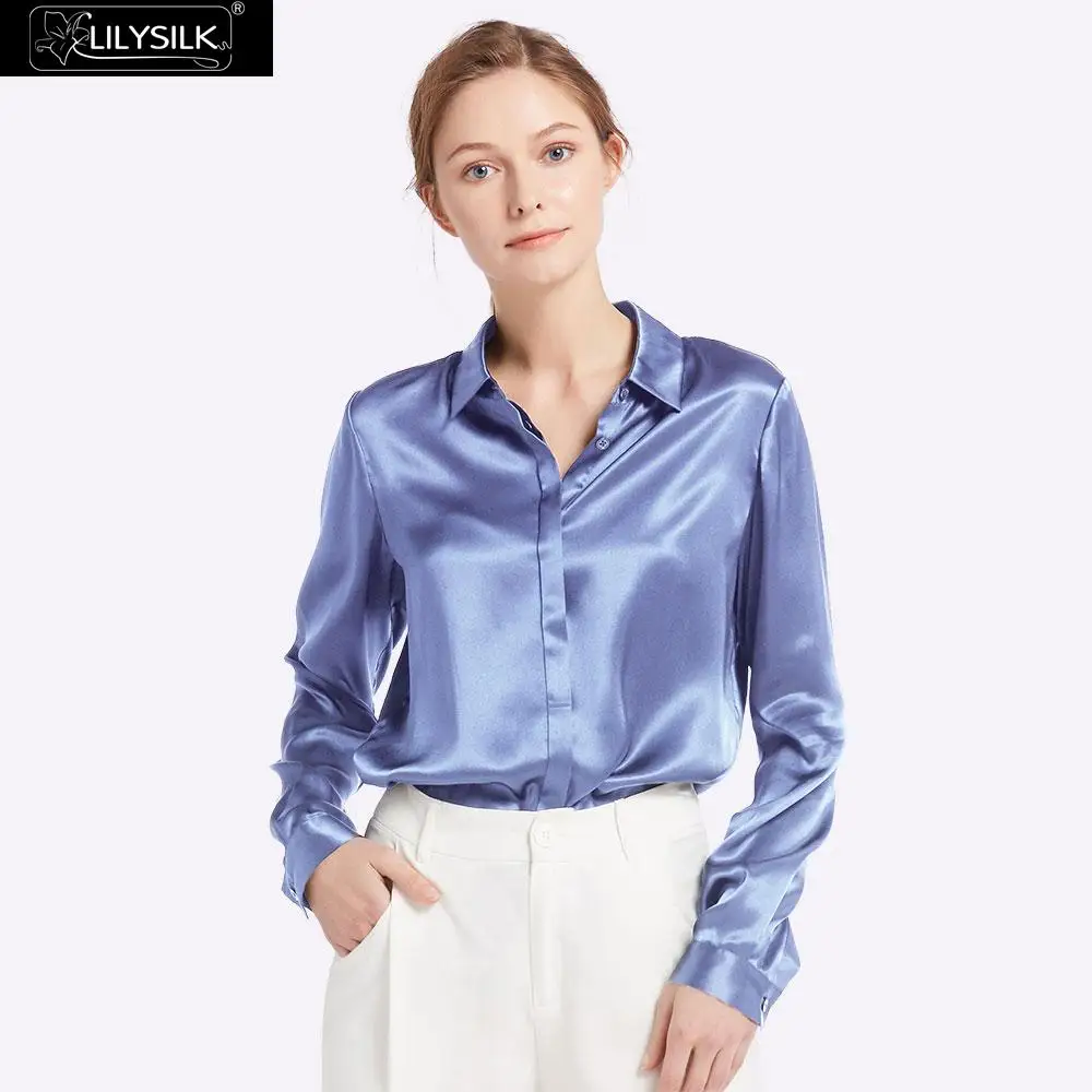French Blue LilySilk Рубашки Блузка Топ Футболка 22мм Женская шелк Новинки - Цвет: French Blue