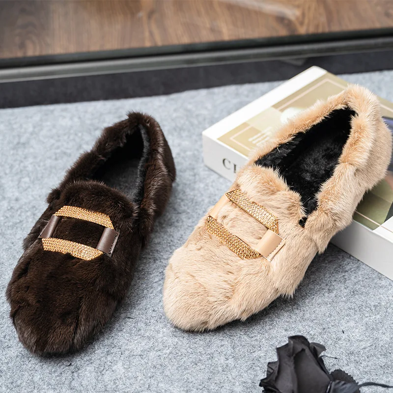 

Эспадрильи женские с кристаллами, повседневная обувь из белого меха норки на плоской подошве, зимние прогулочные туфли, криперы, задний рем...