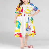 summer new large size dress 5xl 8xl bust 138cm fashion womens lapel button shirt printing bandage five point sleeve dress
