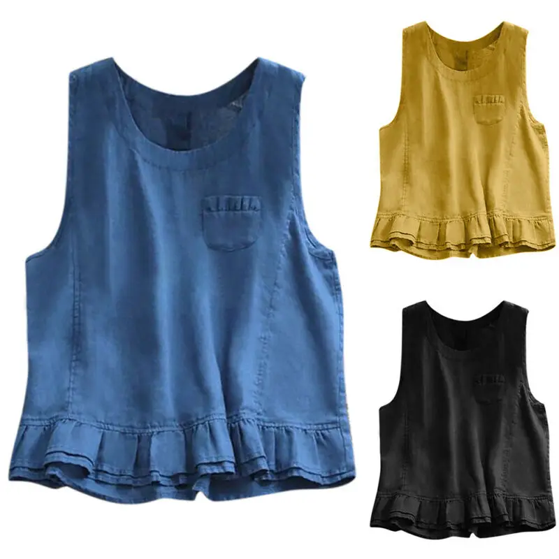 

Женская хлопковая льняная одежда, майка без рукавов с оборками, жилет, простые свободные карманы, лето 2021, модные женские футболки с круглым ...