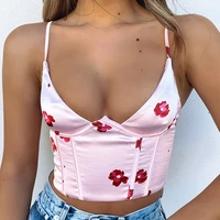 forefair staghetti v neck satin corset top with straps 2021 summer floral print clothes blue sleeveless club women crop tops