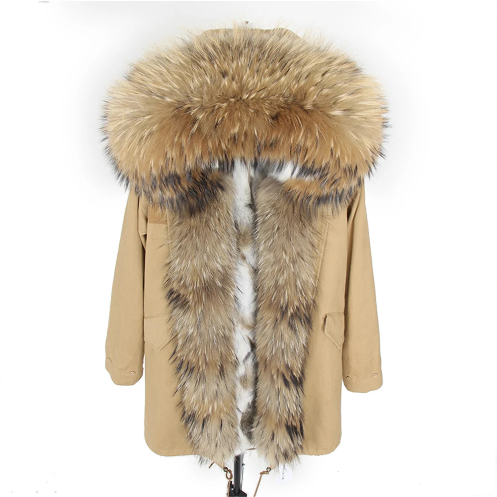 

2022 Fashion Women Real Fur Coat Rabbit Fur Liner Hooded Long Outwear Army Green Large Raccoon Fur Collar Winter Warm Jacket