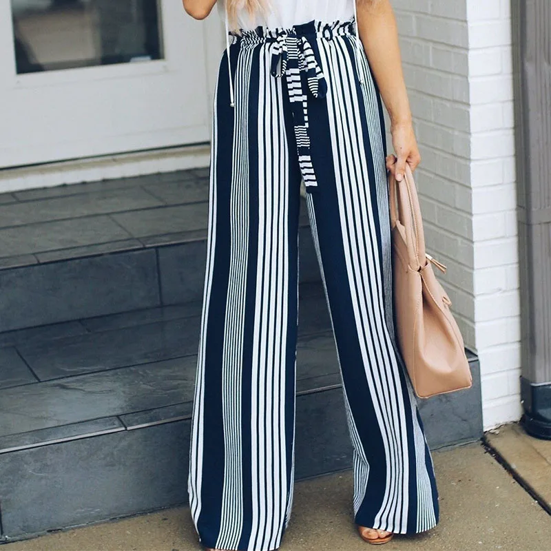 2019 Женские полосатые Широкие штаны с принтом повседневные женские со шнуровкой