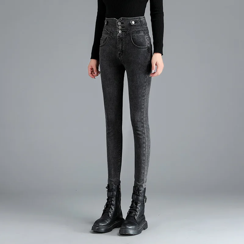 

608 Autumn Women Jeans High Waist Slim Fit Thin Pocket Zipper Elastic Pants Streetwear Fashion Casual Daily Female Denim Trouser