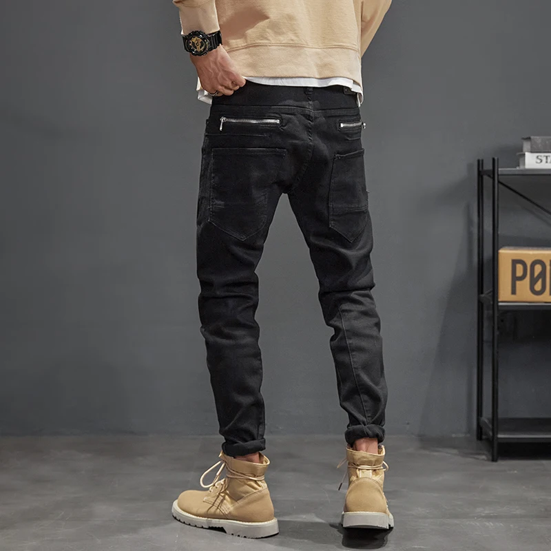 

Newly Street Style Fashion Men Jeans Black Color Elastic Slim Fit Biker Jeans Men Zipper Designer Hip Hop Denim Punk Pants Homme