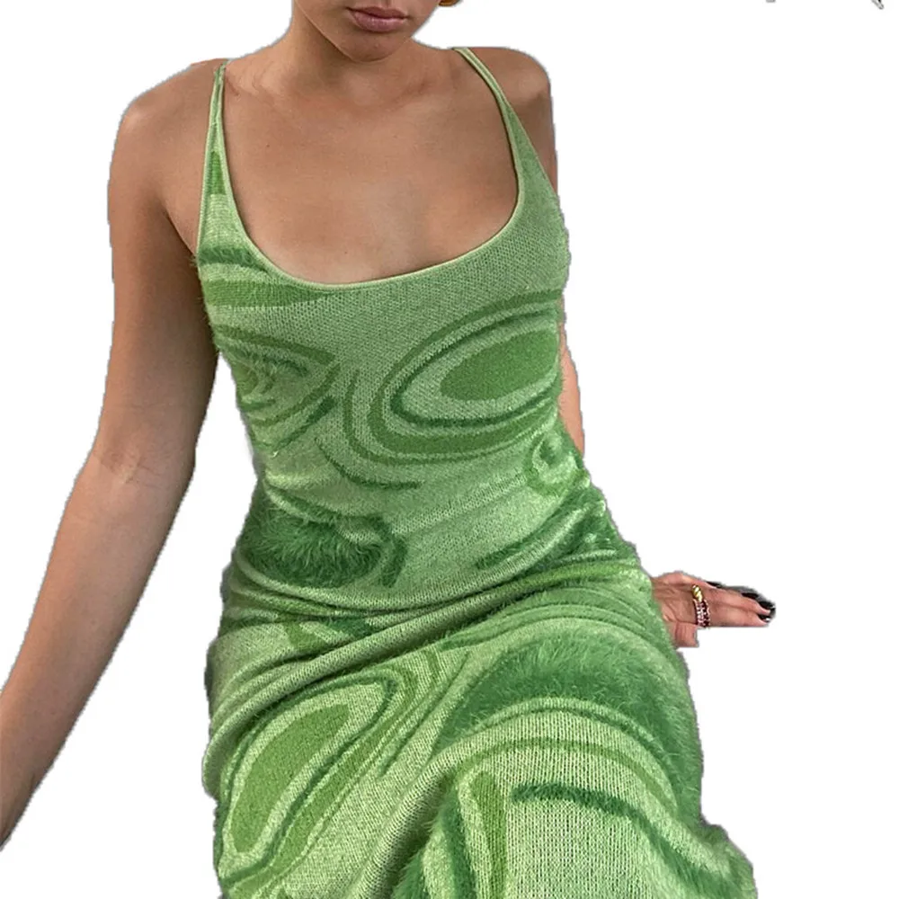 

2021 Print Knit Bodycon Dress Women Green Y2K Summer Hollow Out Sexy Sleeveless Spaghetti Strap Beach Midi Dresses Party