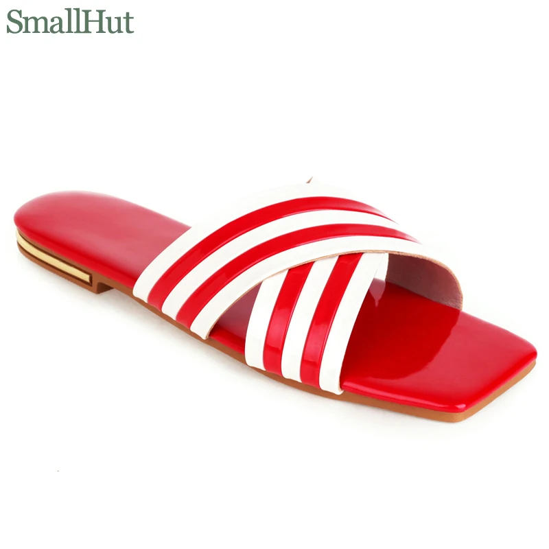 

Summer Women Outside Slippers Microfiber Sexy Flat Shoes Fashion Black White Red Contrast Lines Pattern Square Open Toe Slipper