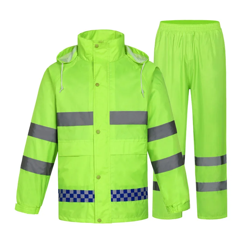 

Factory Direct Reflective Clothing Outdoor Fluorescence Green Safe Reflective Clothing Two-Piece Set Raincoat And Rain Pants Adu