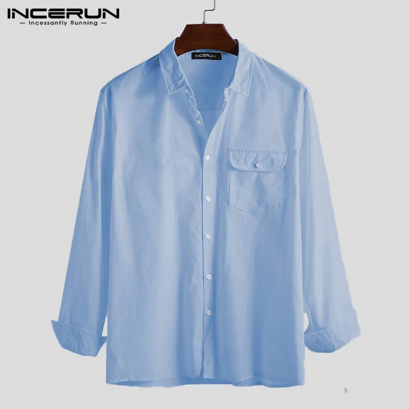 

INCERUN Men Shirts Solid Color Long Sleeve Camisa Turn Down Collar Basic Shirts Man Cotton Loose Blouse Fashion Buttons Chemise