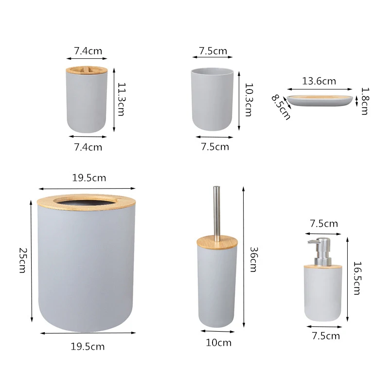 Bathroom Accessories Set 6 Pieces Bamboo Room Toothbrush Holder Soap Dispenser Toilet Brush Trash Can Essential | Дом и сад