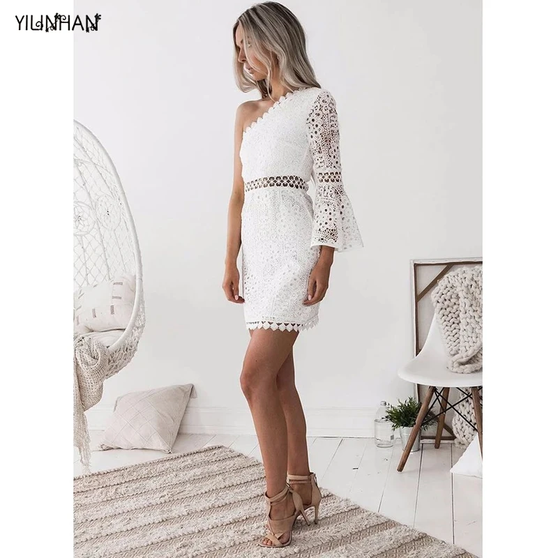 

YILINHAN Women White Lace Dress Sexy One Shoulder Flare Sleeve Crochet Lace Bodycon Dress Hollow Out Clubwear Mini Party Dress