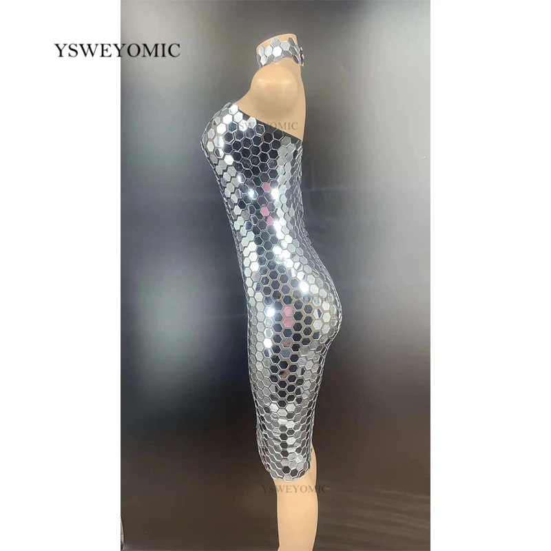 Party Dress Silver Sequins Transparent Sleeveless Short Bar Prom Women Dancer Outfit Birthday Celebrate Mirror | Тематическая