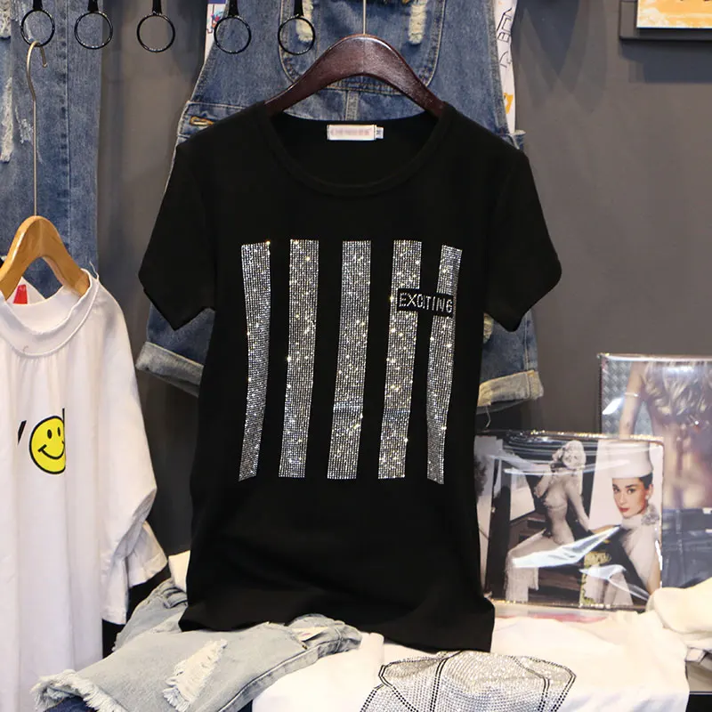 

Short sleeve T-shirt women Summer clothes New 2021 fashion Hot drilling printing loose cotton Bottoming shirt Pullovers female