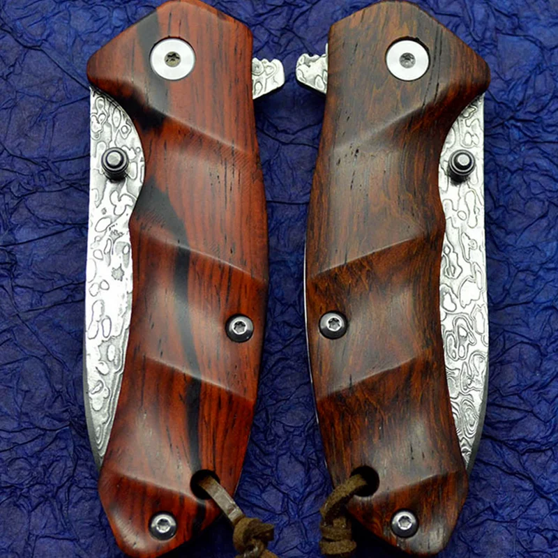 

Damascus Vg-10 Steel Fixed Blade Red Sandalwood Handle 59HRC Collection Edc Tools Outdoor Camping Knife and Leather Case