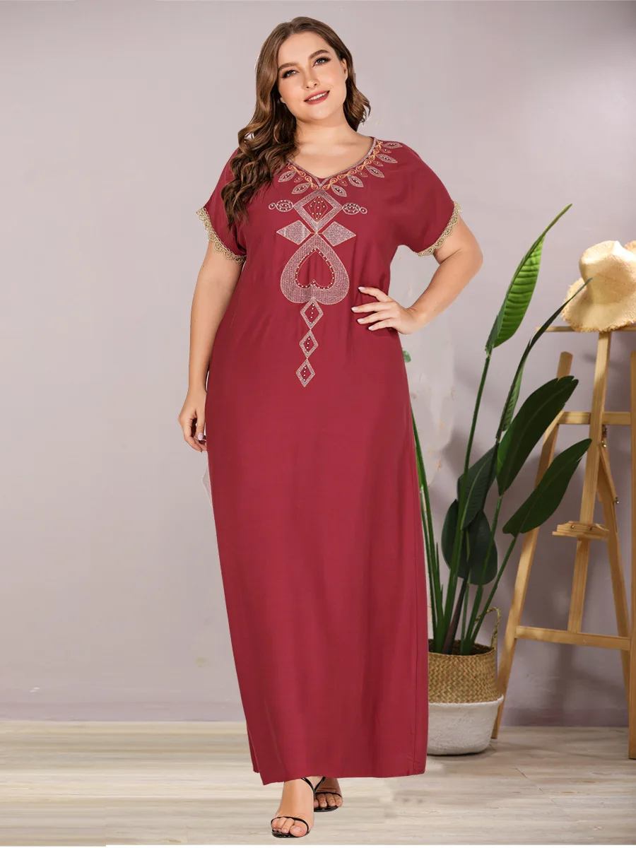 

Beading Muslim Abaya Dress Women V Neck Moroccan Kaftan Djellaba Hijab Vestidos Islamic Clothing Short Sleeve Islam Ropa Summer