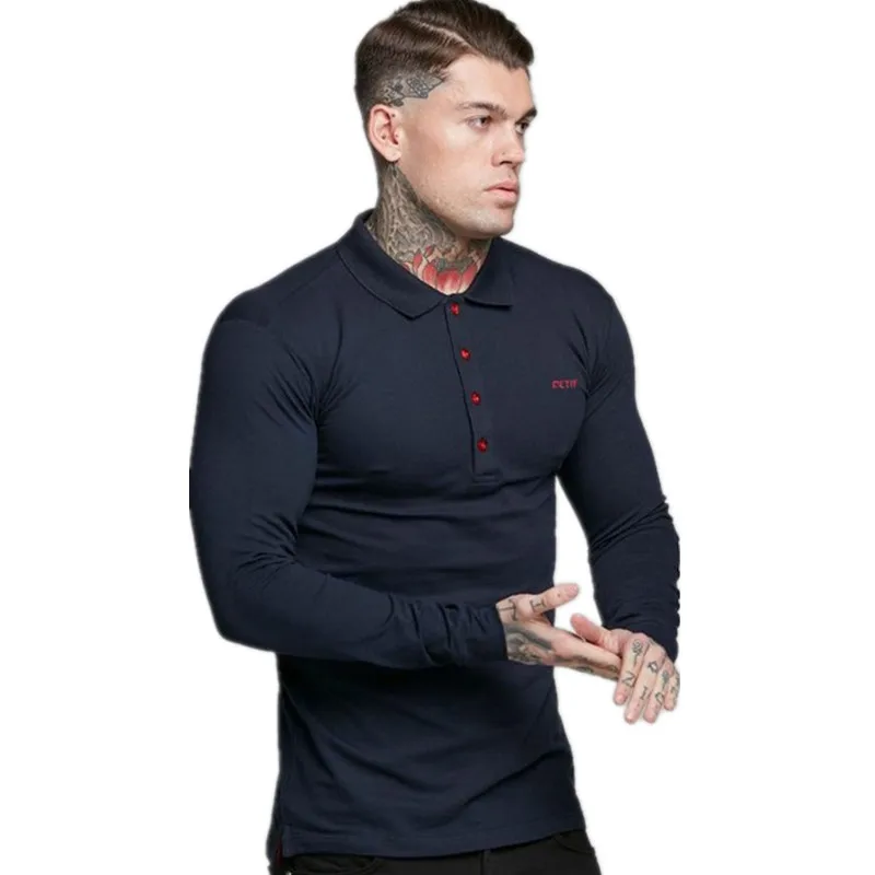 Рубашка поло мужская с длинным рукавом модная брендовая однотонная приталенная