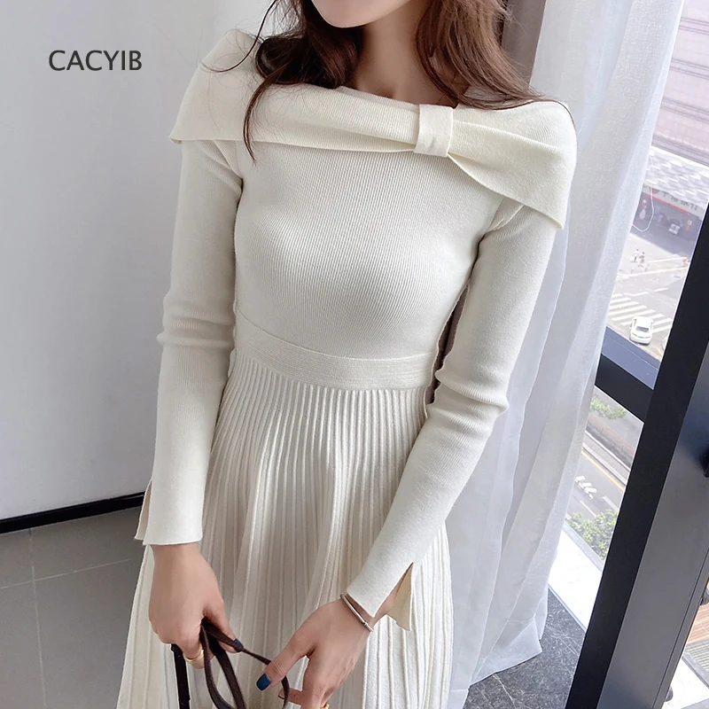 

Женское платье во французском стиле, новинка осень-зима 2020, стильное вязаное платье с длинным рукавом и бантом, характерно облегающее мален...