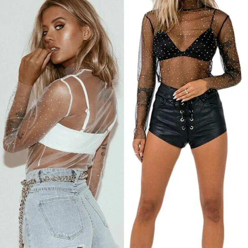 Женские прозрачные сетчатые блузки прозрачный топ с длинным рукавом рубашка
