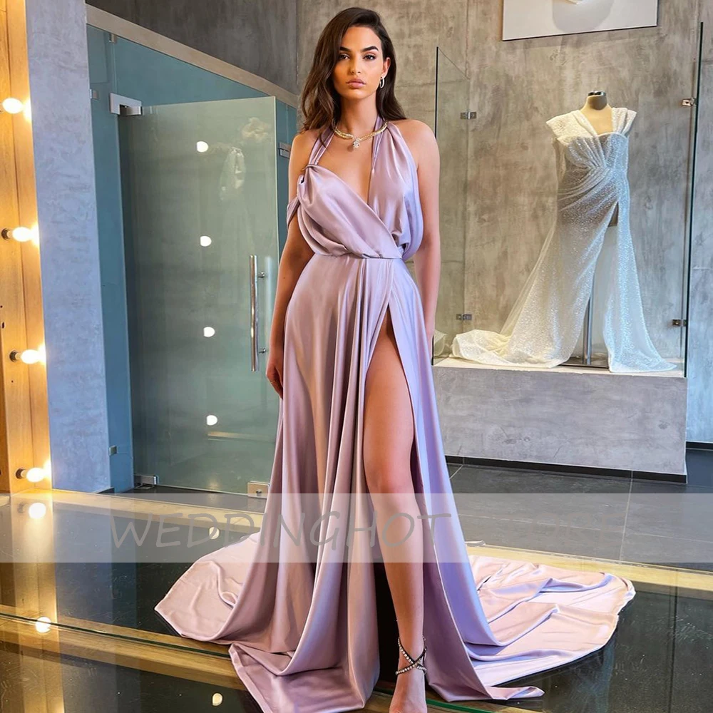 

V-Neck Fashion Evening Dress Long 2021 Split Elegant Backless Ball Gown Satin Sexy Empire Floor Length Celebrity robes de soire