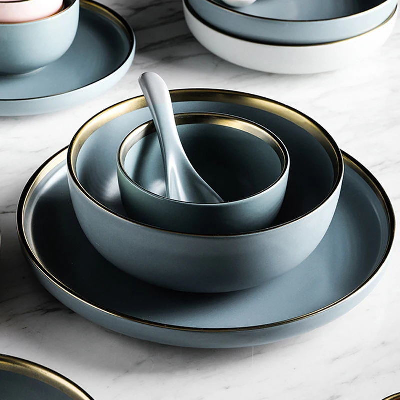 Керамическая однотонная пластина набор керамических тарелок с золотой