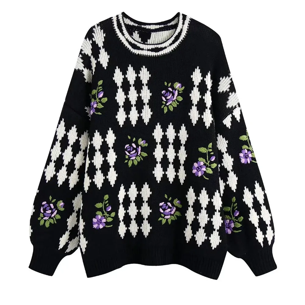 

BBWM 2021 Autumn Women Vintage Round Neck Flowers Embroidery Sweater Female Casual Pullover Sweet Loose Long Sleeve Chic Top
