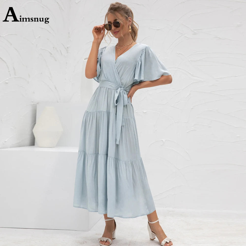 

2021 Short Sleeve Mid-Calf Dress Women Elegant Leisue Casual Beach Dresses Light Blue Patchwork Sashes Femme Vestidos Robe Dress