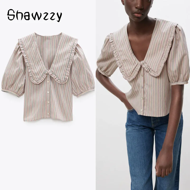 

2021 ZA Summer Striped Pink Shirt Women Short Puff Sleeve Peter Pan Collar Top Woman Fashion Front Button Vintage Blouse