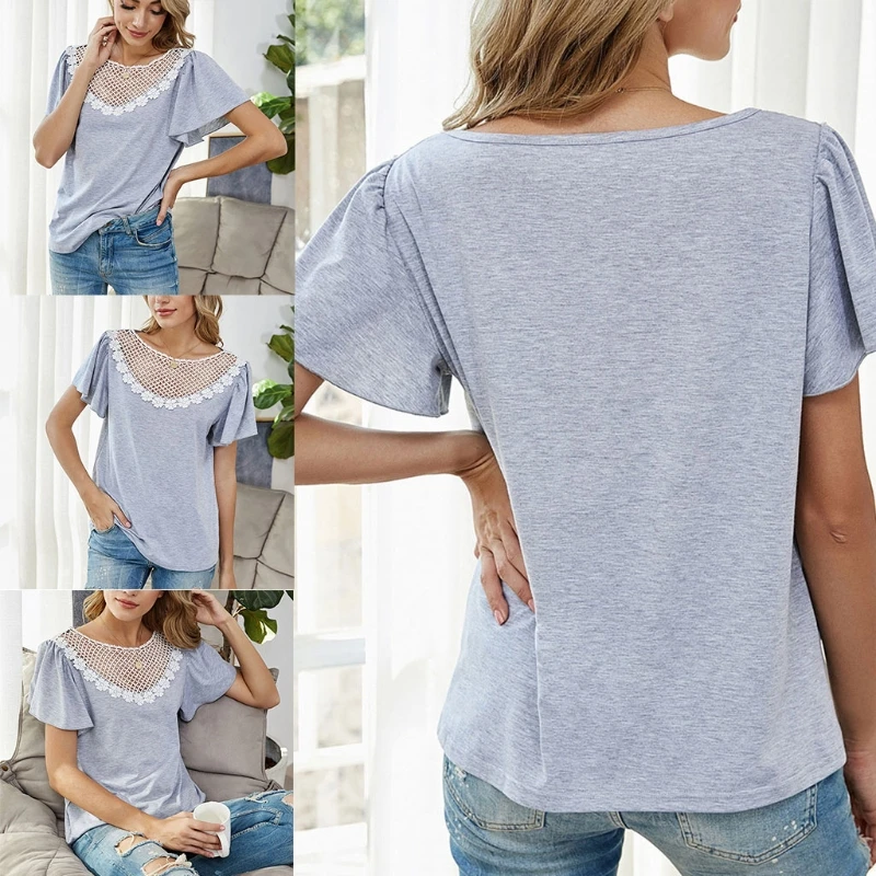 

Summer Women T-shirt Patchwork Butterfly Sleeve O-Neck Solid Floral Lace Hollow Out Casual Soft Basic Tees Chic Tops