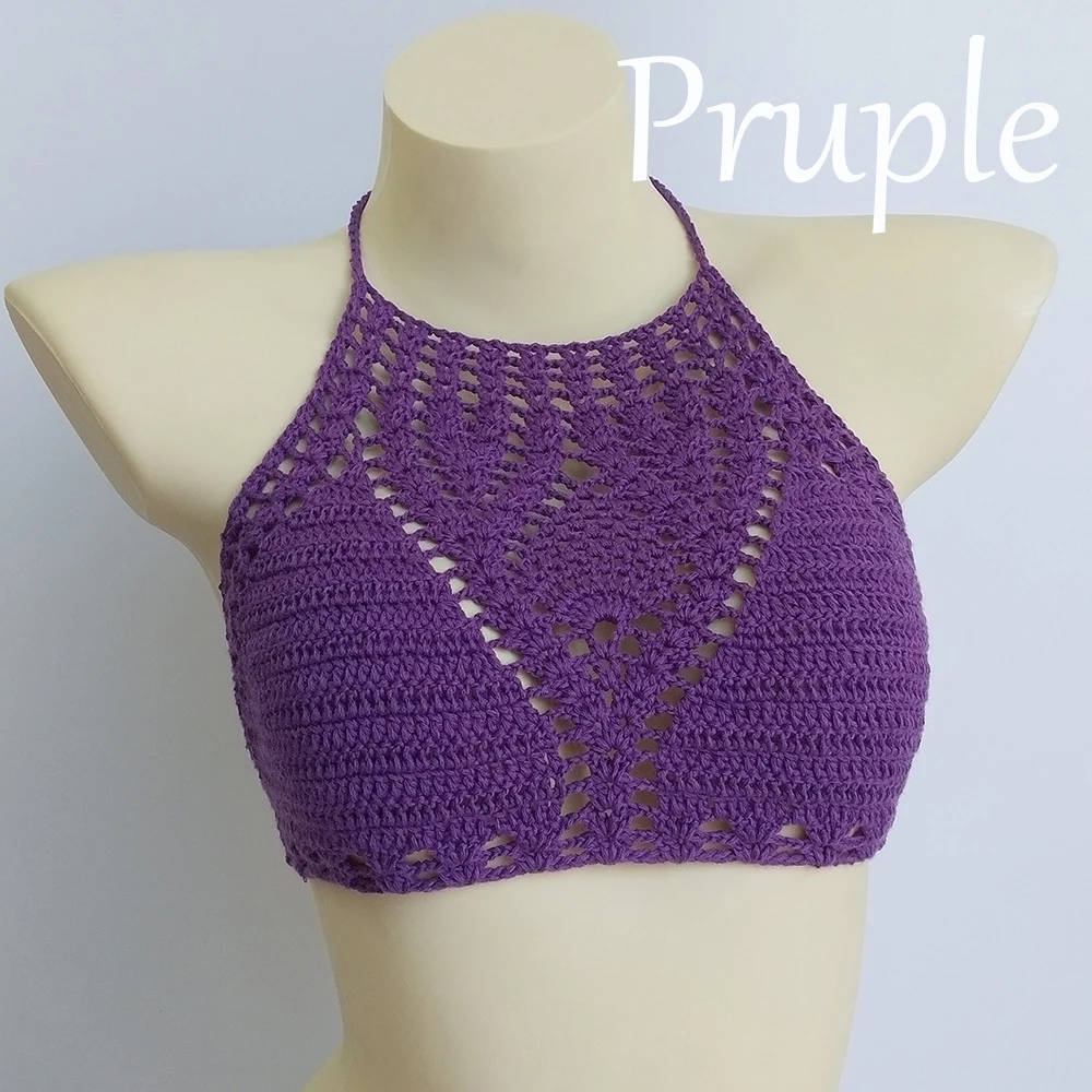 purple top Белый сексуальный бикини размера плюс, вязанный крючком Топ, есть подкладка, женский купальник, пуш-ап бюстгальтер, выдалбливают, Холтер, вязанный желтый Бикини Топ - Цвет: purple top