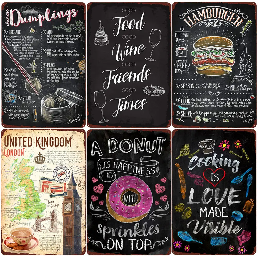 

French Fries Tin Sign Dumpling Vintage Poster Bar Home Cafe Kitchen Decor Donut Apple Pie Wall Sticker Egg Bacon Pancakes Plaque